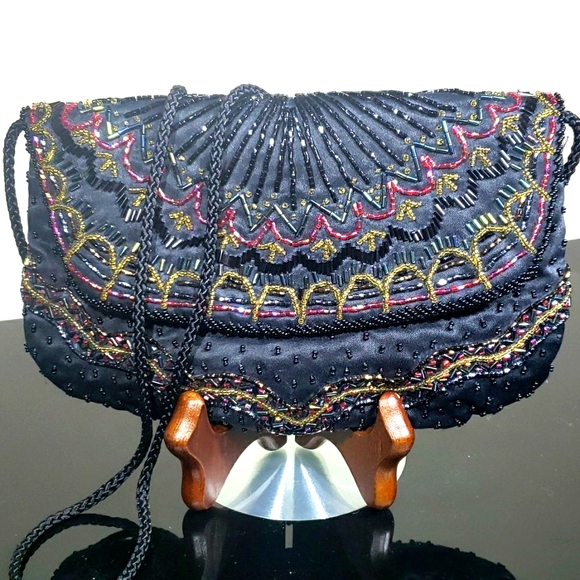 Vintage Art Deco Very So Cute Beaded Black Crossbody Mini Purse. Evening Bags. - Picture 2 of 12